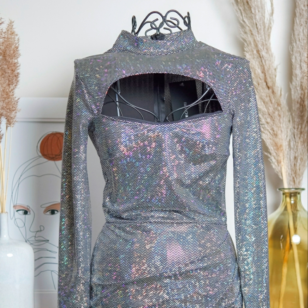Shiny Holographic Sequin festive mini dress with cut out